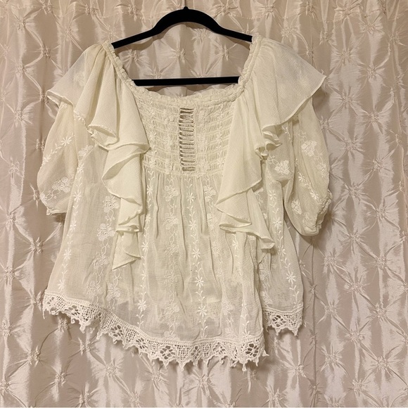 Free People Tops - Free People Cream Lace Peasant Blouse with Ruffled Shoulders
